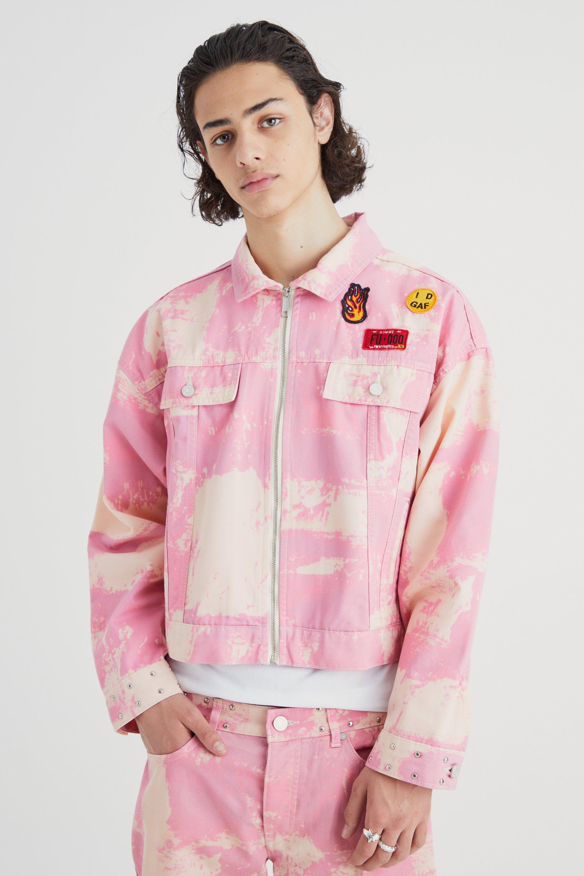 Pink Boxy Fit Bleached Denim Jacket