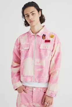 Boxy Fit Bleached Denim Jacket Pink