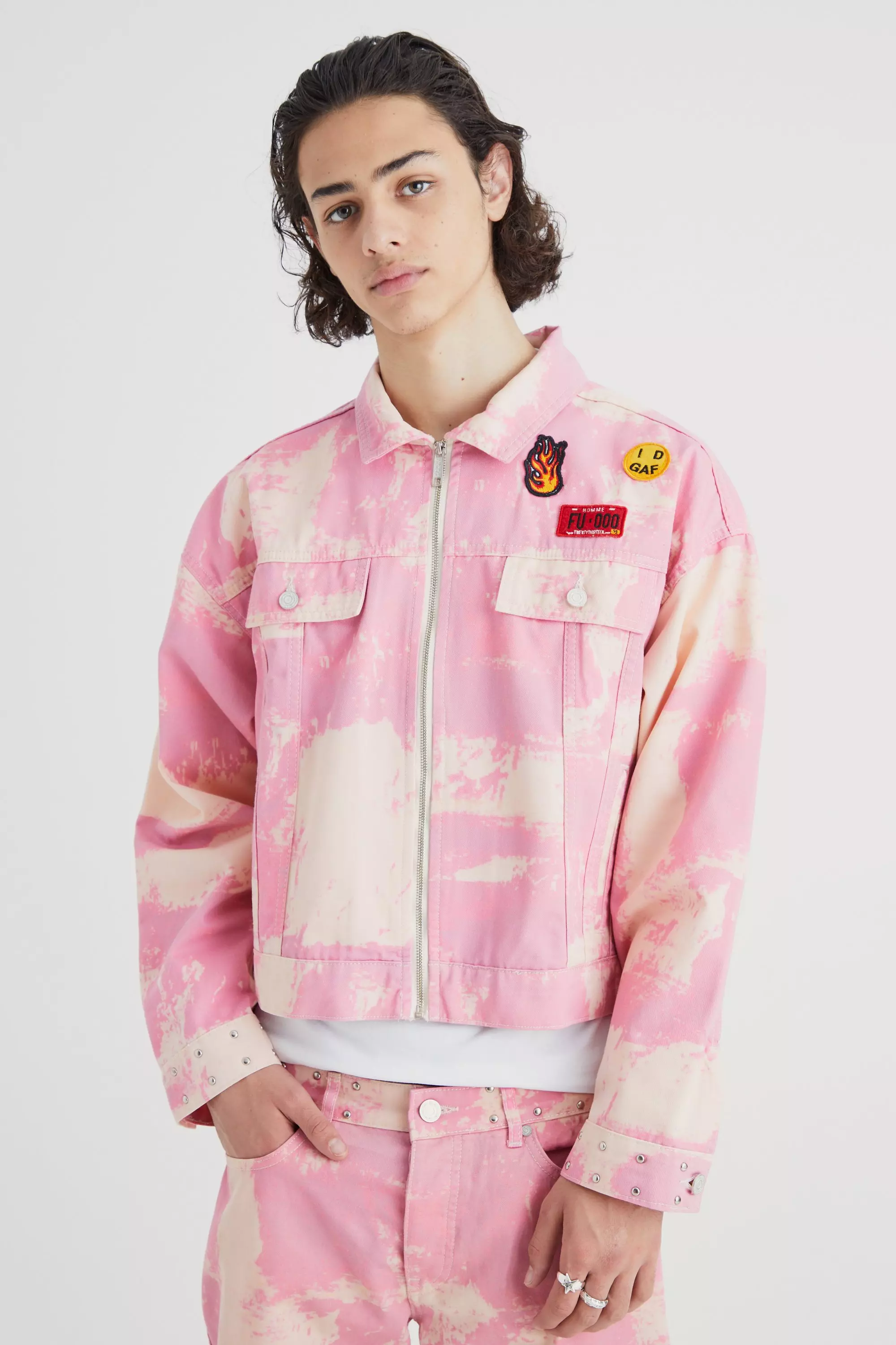 Boxy Fit Bleached Denim Jacket Pink