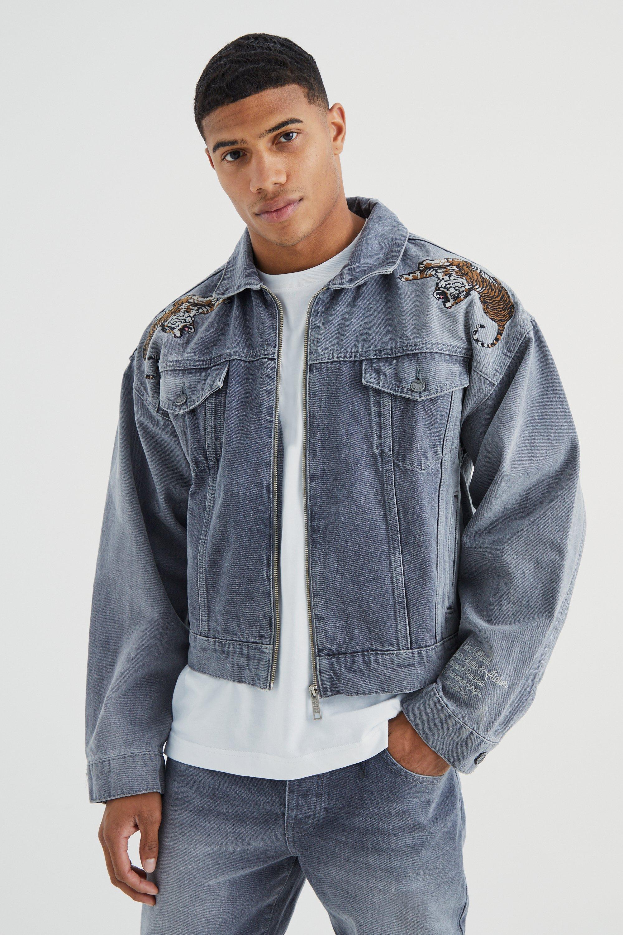 Grey Boxy Fit Tiger Applique Denim Jacket