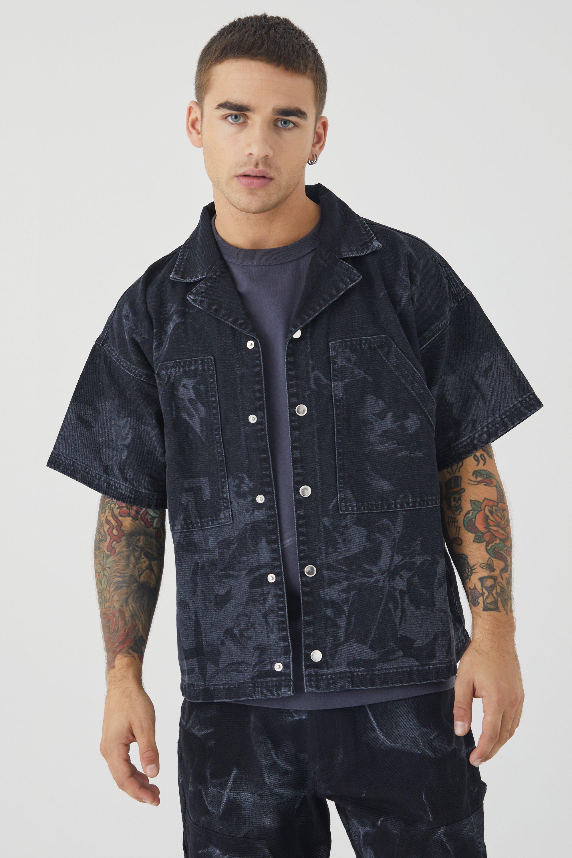 Camicia In Denim Squadrata Con Stampa Rinascimentale Al Laser, Washed black