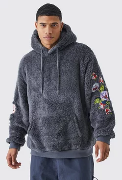 Oversized Borg Floral Embroidered Hooded Tracksuit Charcoal