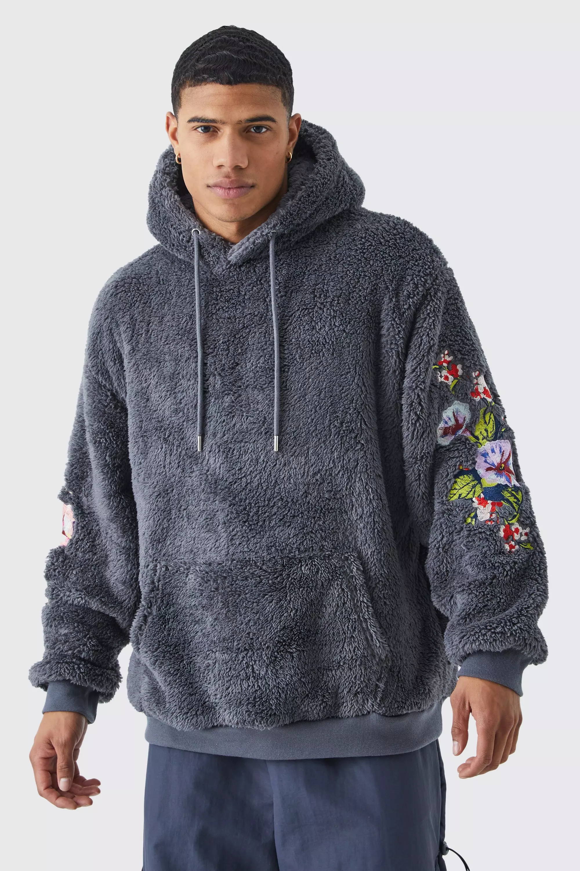 Charcoal Grey Oversized Borg Floral Embroidered Hooded Tracksuit