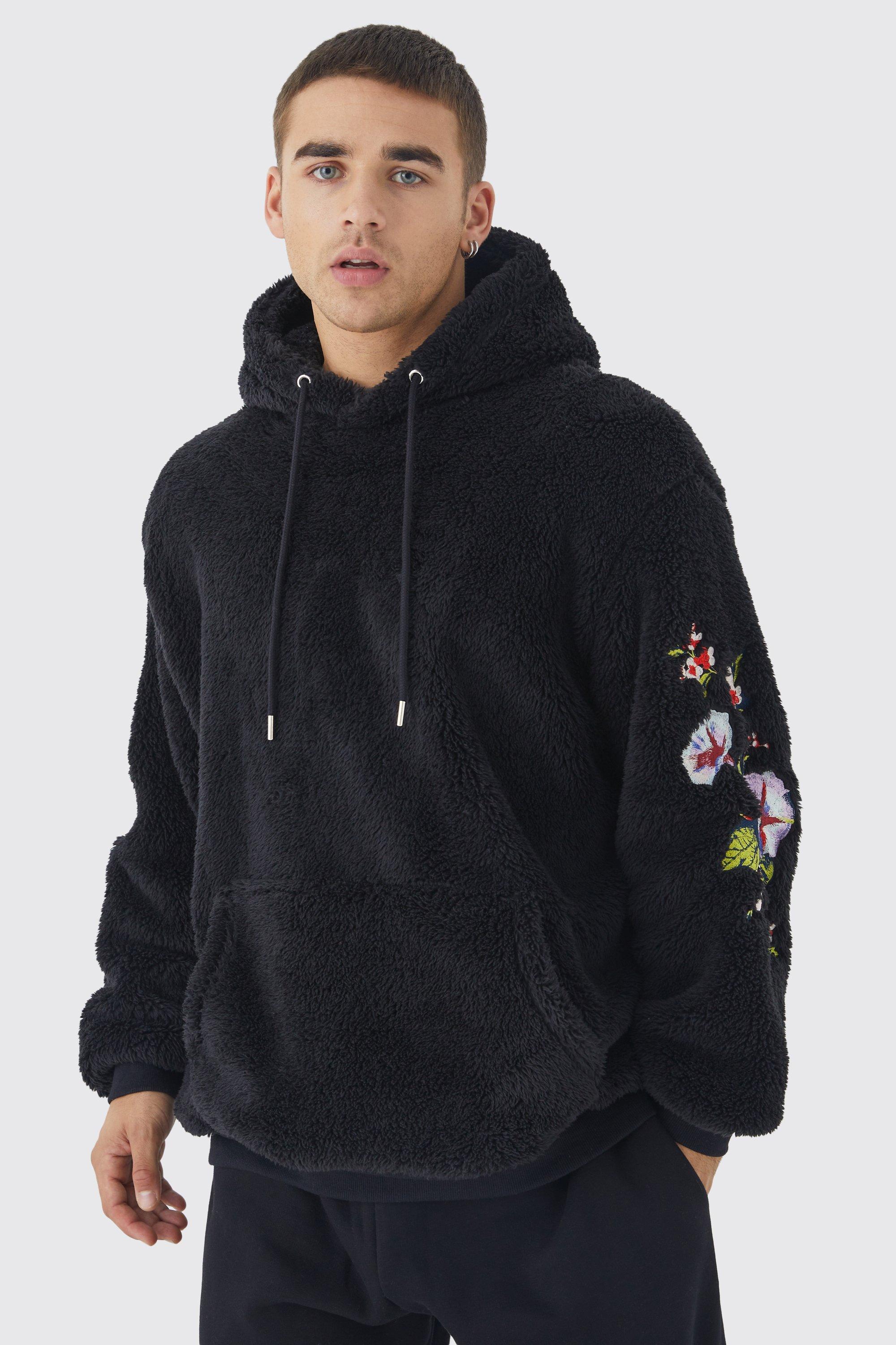 Oversized Borg Hoodie With Floral Embroidery boohooMAN USA