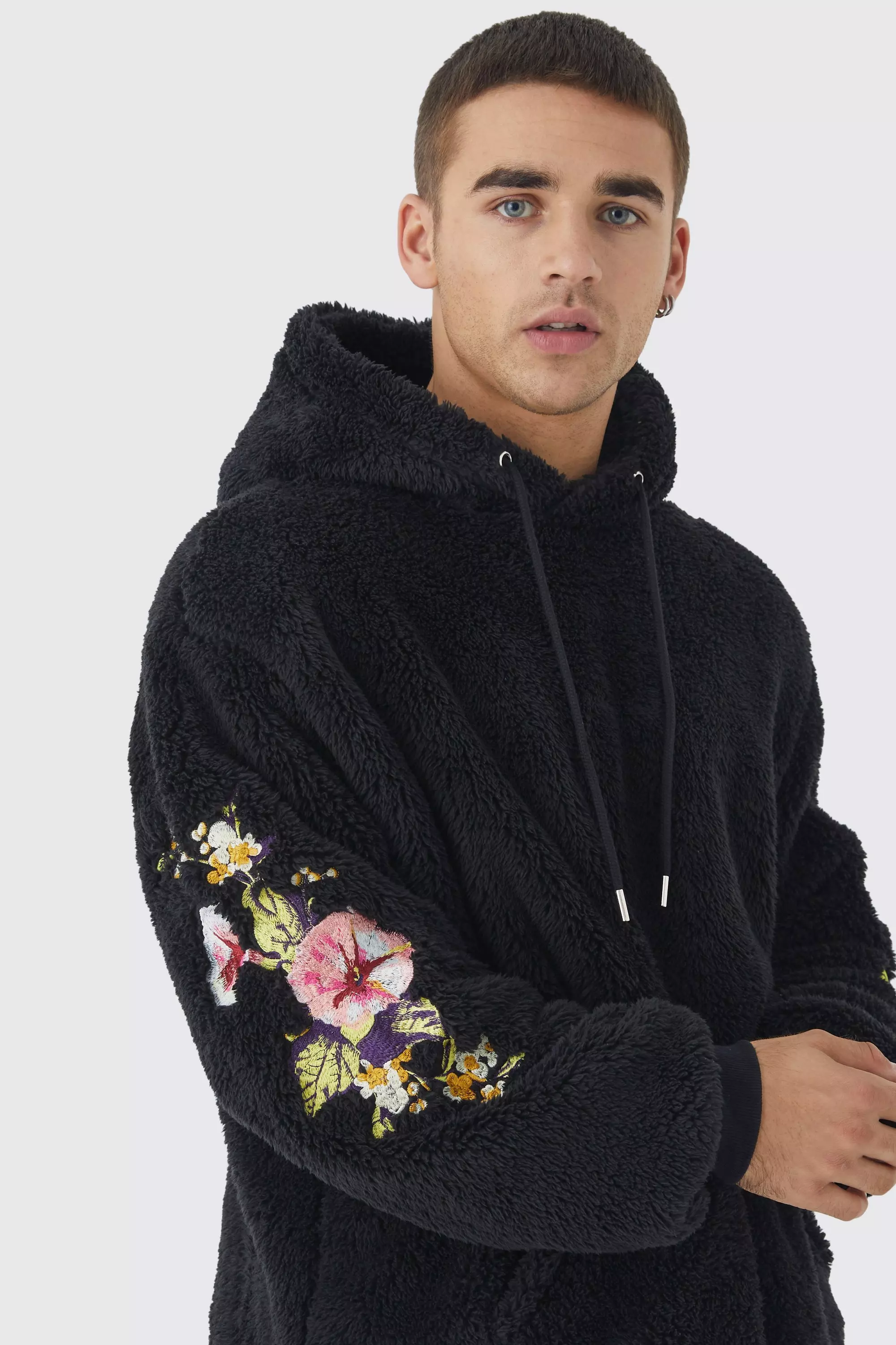 Oversized Borg Hoodie With Floral Embroidery boohooMAN USA