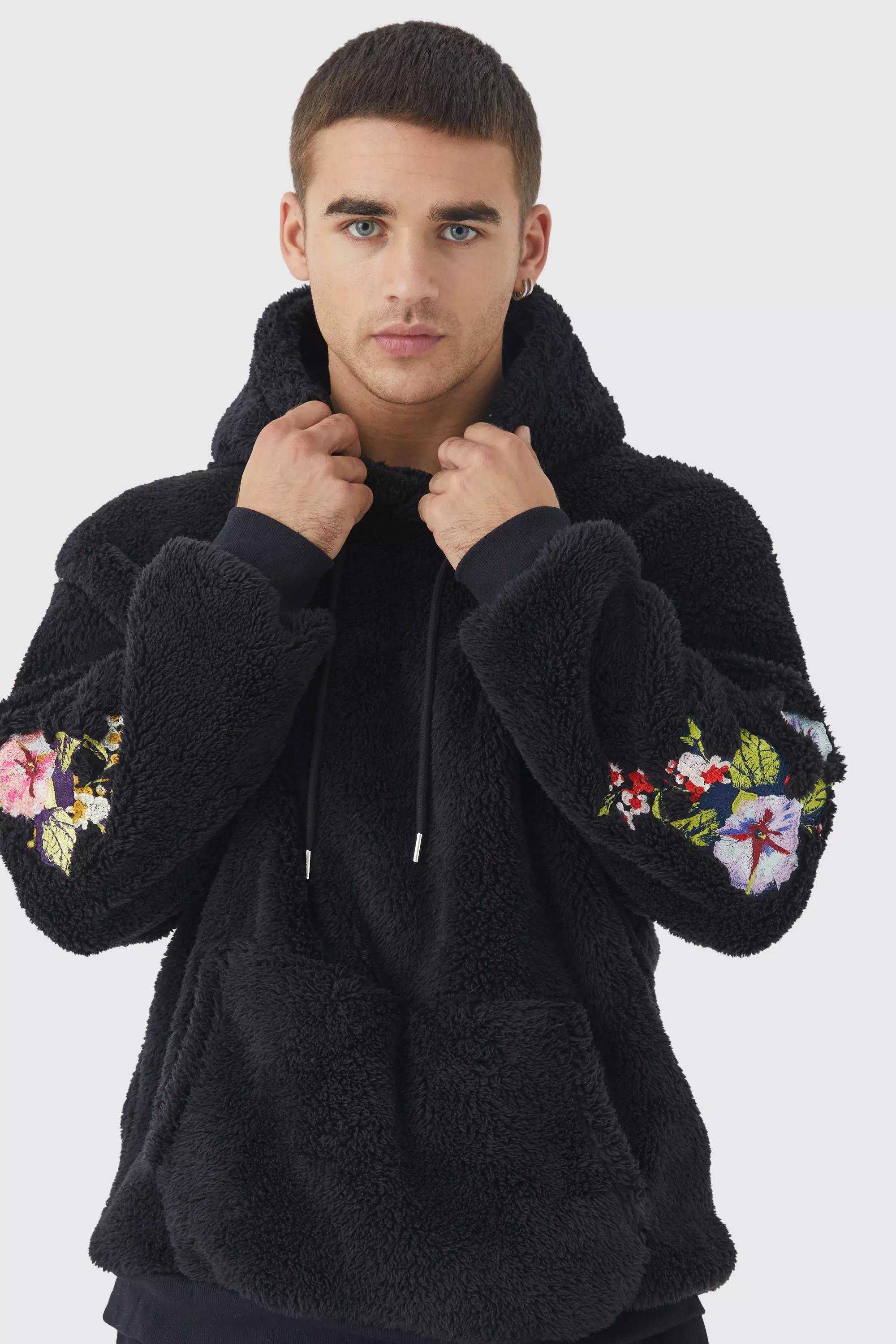 Oversized Borg Hoodie With Floral Embroidery boohooMAN UK