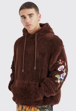 Oversized Borg Hoodie With Floral Embroidery Chocolate