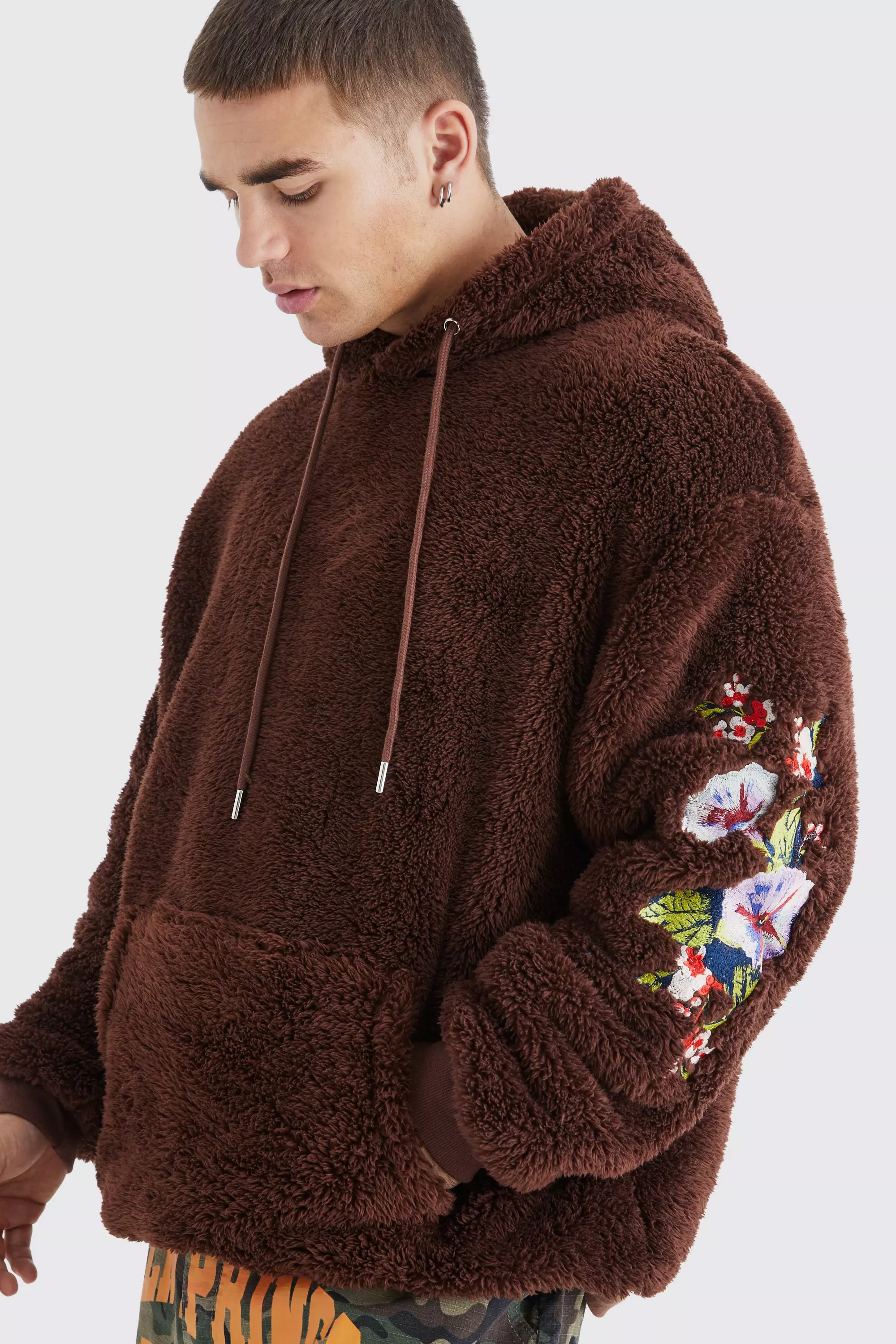 Oversized Borg Hoodie With Floral Embroidery boohooMAN