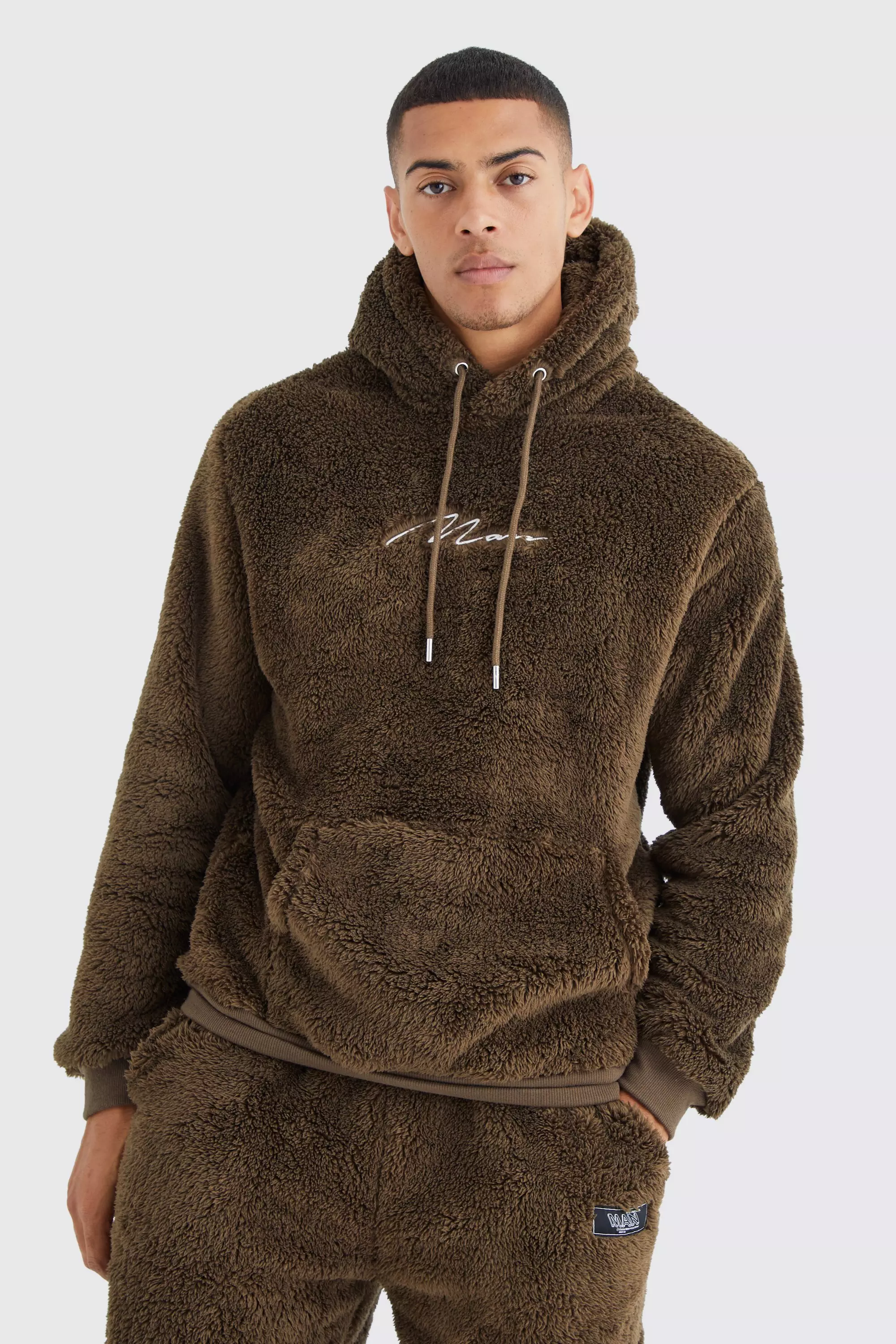 Man Signature Borg Over The Head Hoodie Khaki