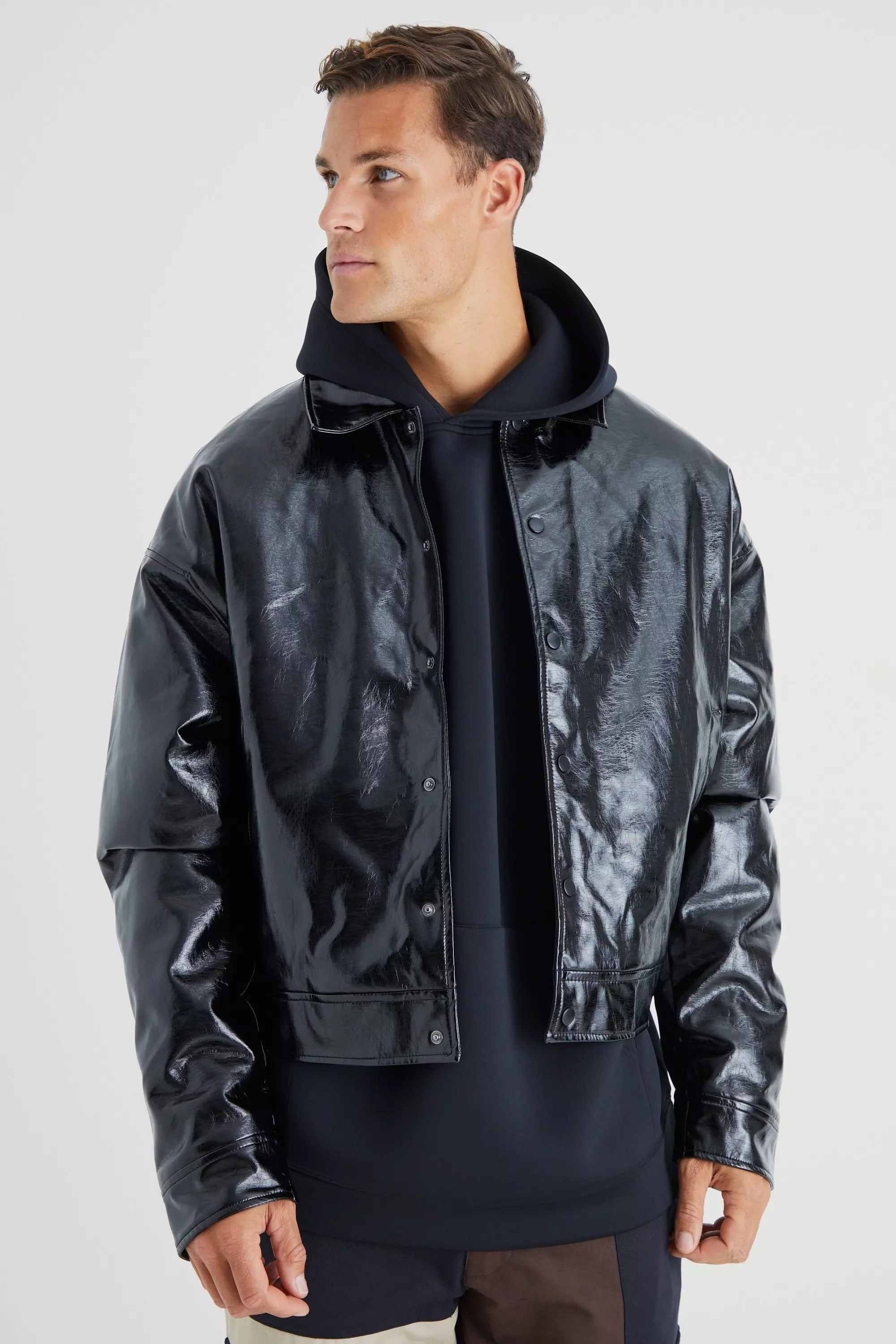 Black Tall Boxy High Shine Pu Harrington