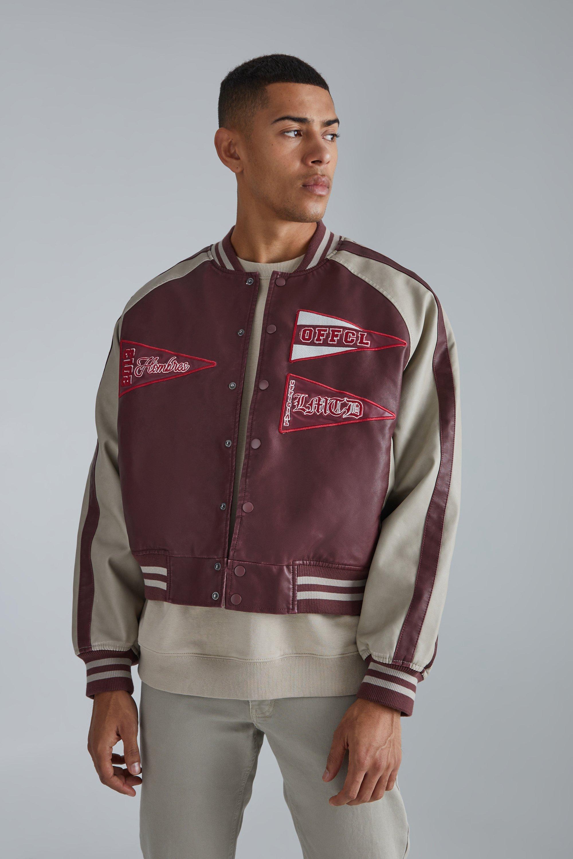 boohooMAN Boxy Suede Embroidered Varsity Jacket - Brown - Size XL