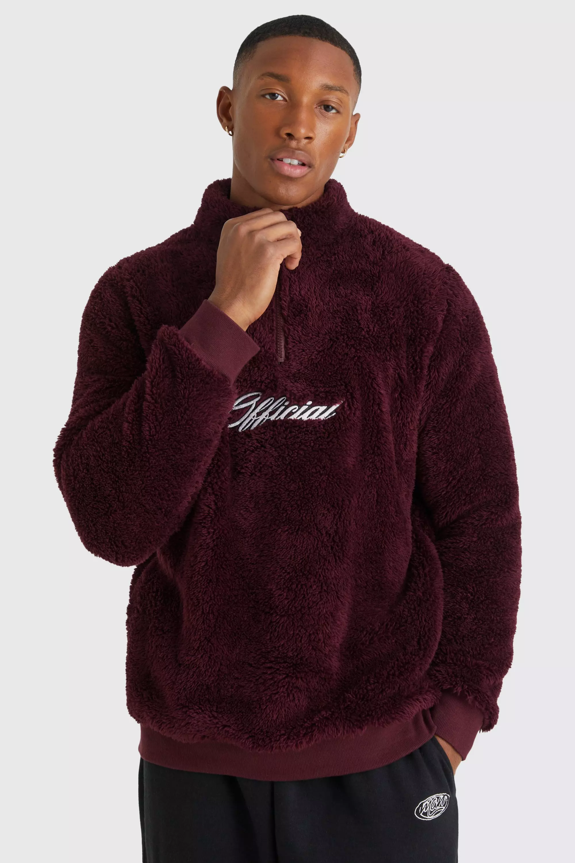 Burgundy Red Official Piping Borg 1/4 Zip Funnel Sweat