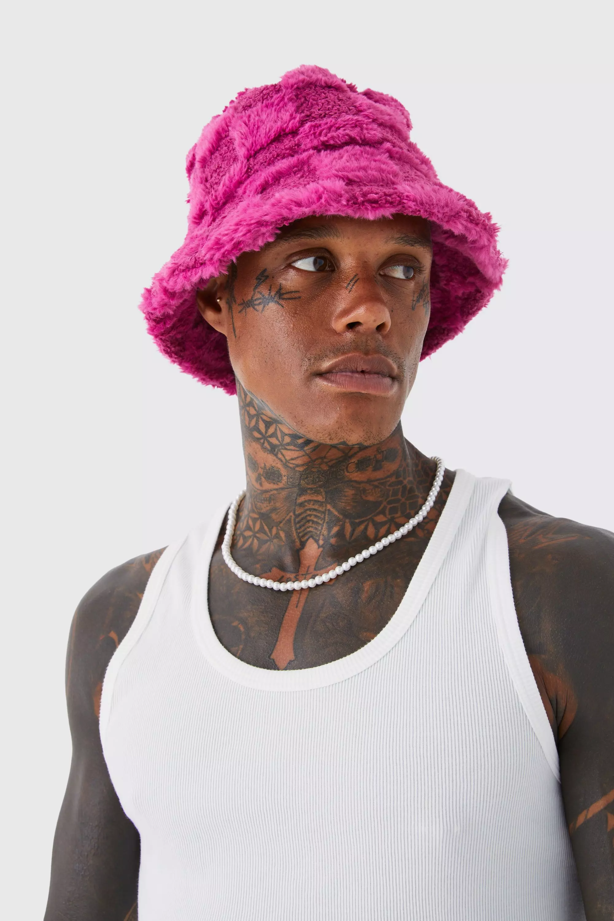 Fluffy Checkerboard Bucket Hat Pink