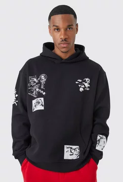 Black Oversized Multi Placement Graphic Hoodie