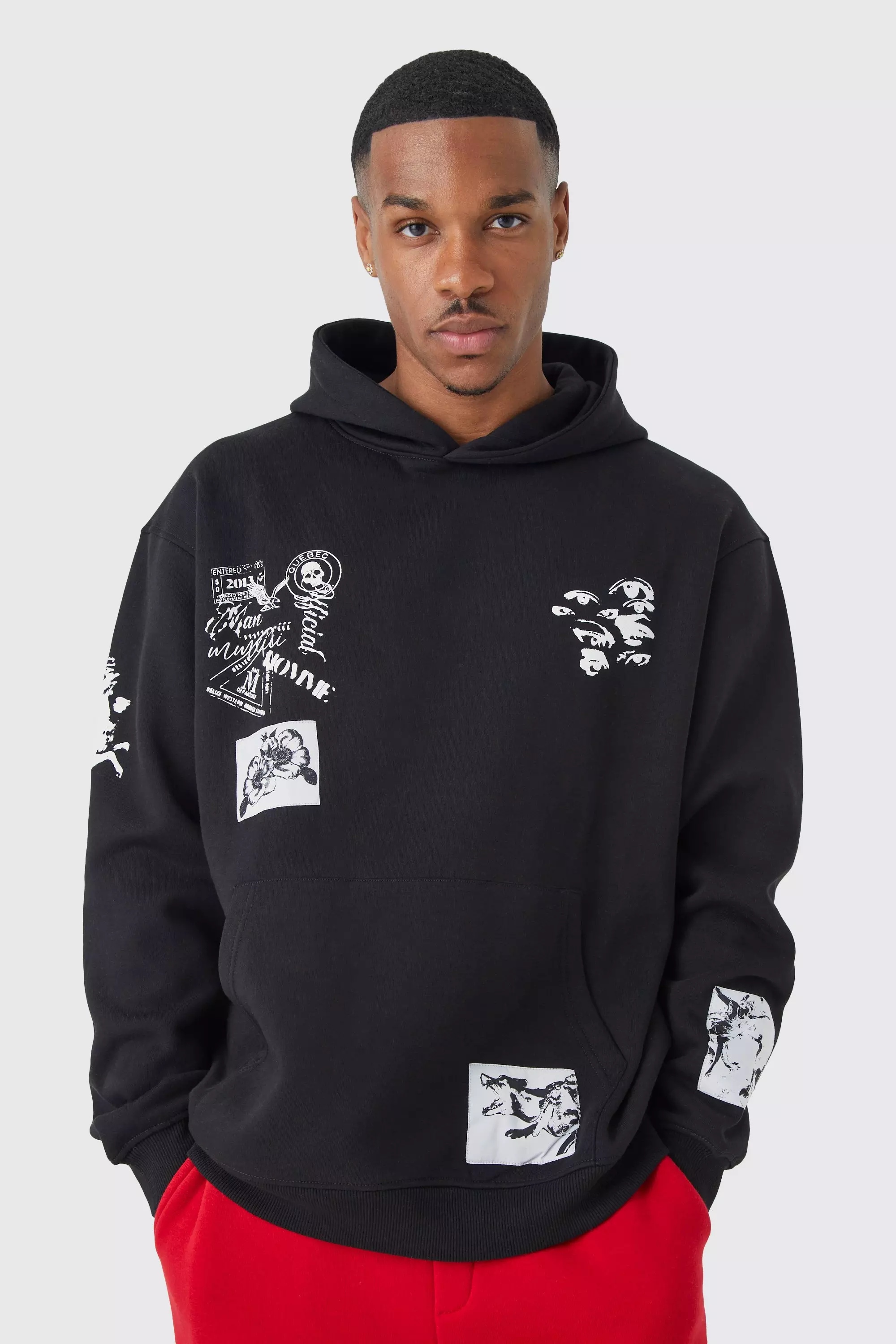 BoohooMAN Oversized Multi Placement Graphic Hoodie Black Size M