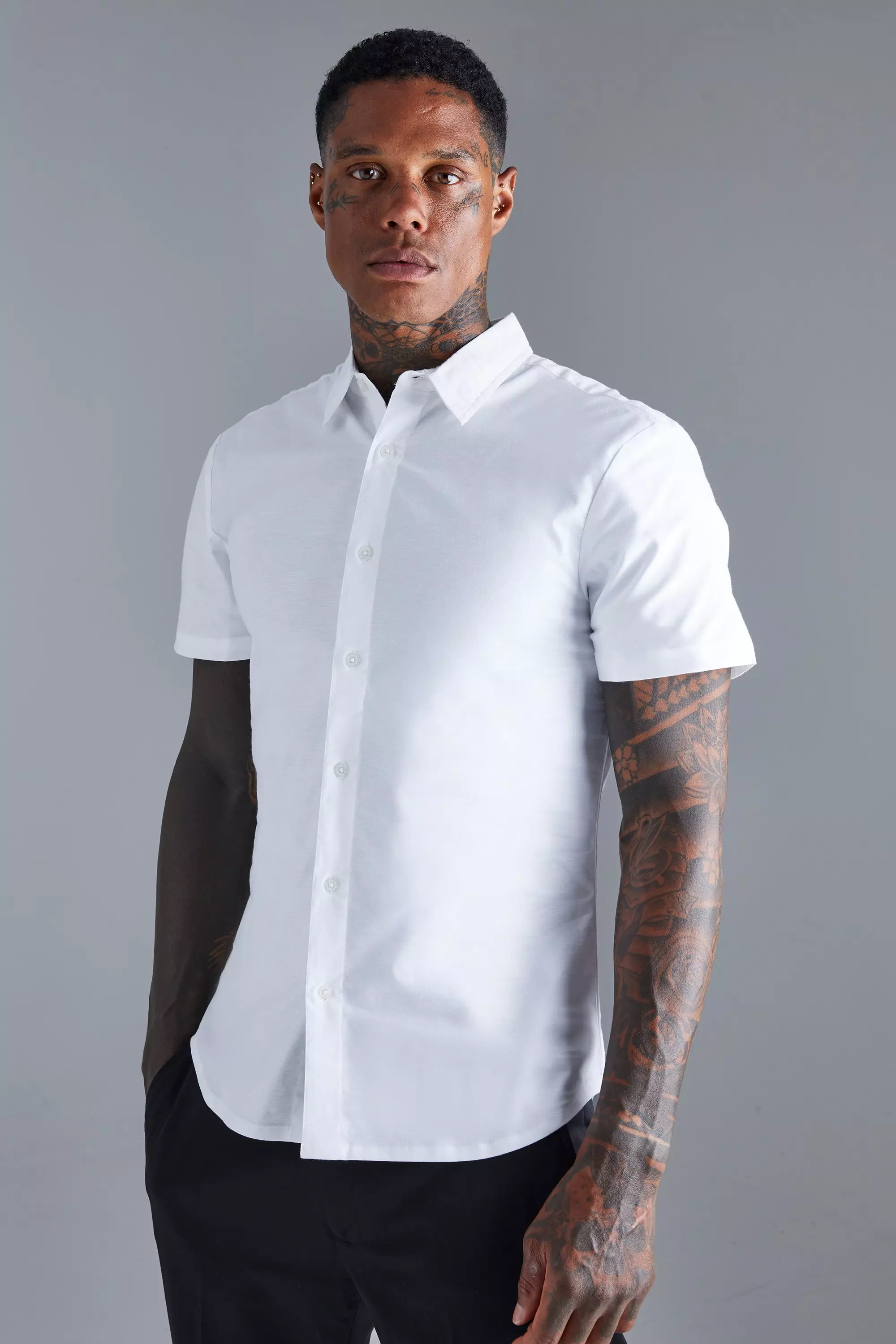 White Slim Fit Overhemd Met Korte Mouwen alternatieve afbeelding