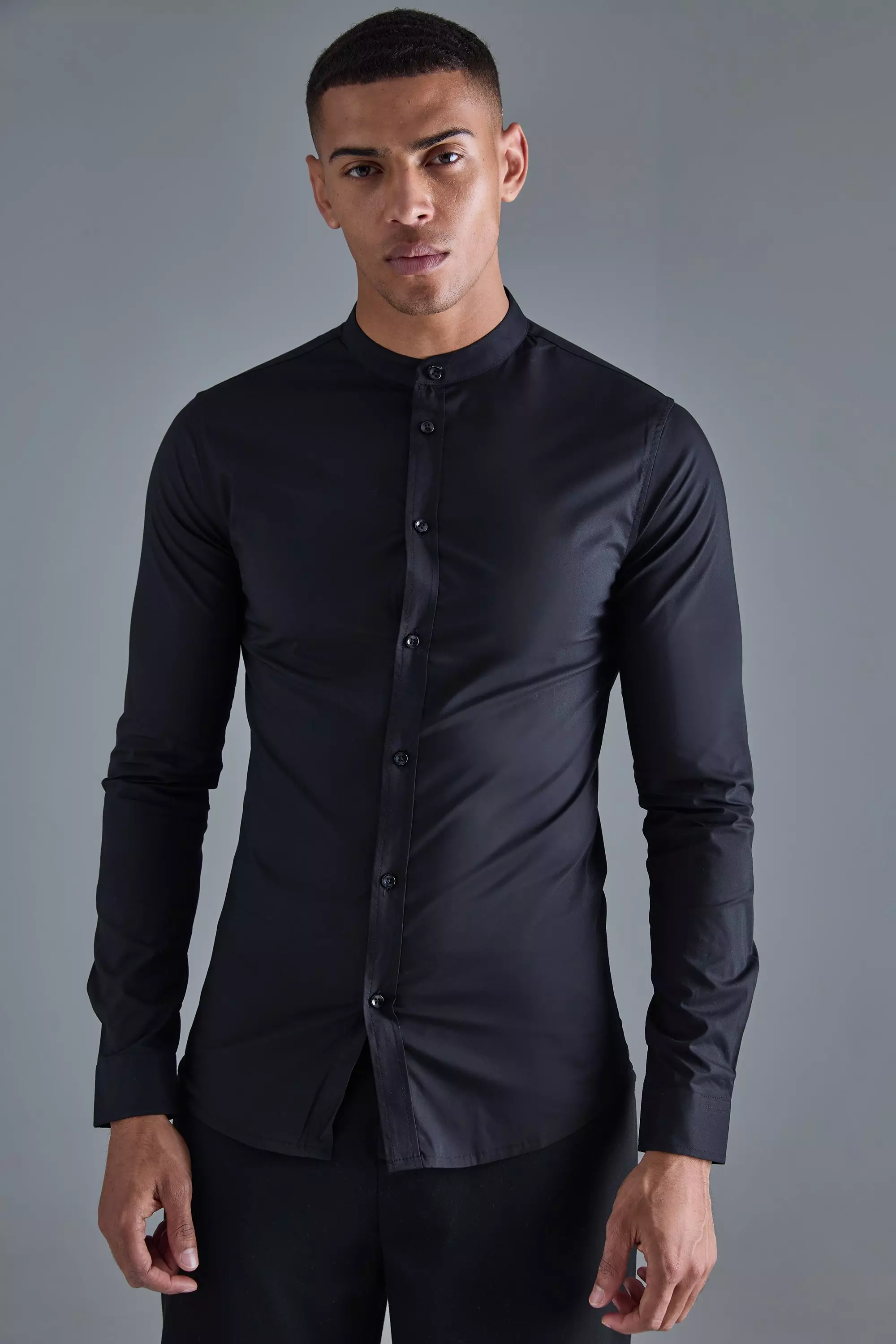 Long Sleeve Grandad Collar Stretch Shirt Black