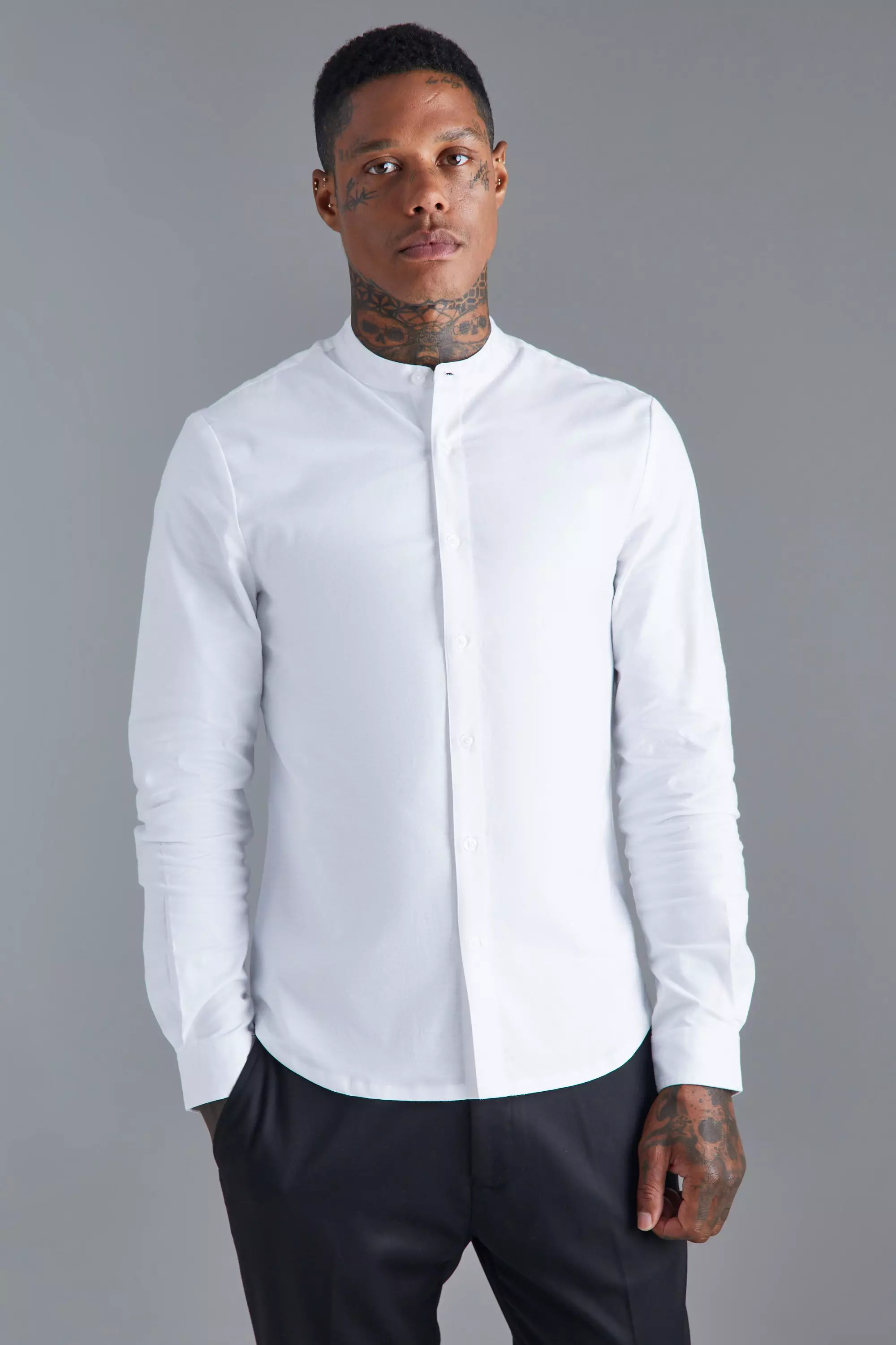 Long Sleeve Grandad Collar Slim Shirt White