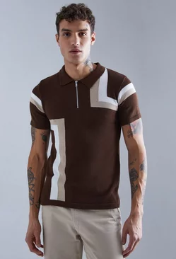 Muscle Fit Colour Block Knitted Polo Chocolate