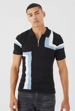 Black Muscle Fit Colour Block Knitted Polo