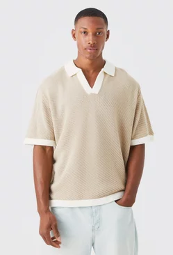 Oversized Contrast Collar Knitted Polo Taupe