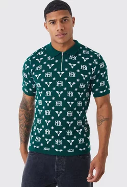 Green Muscle Fit Jacquard Half Zip Polo
