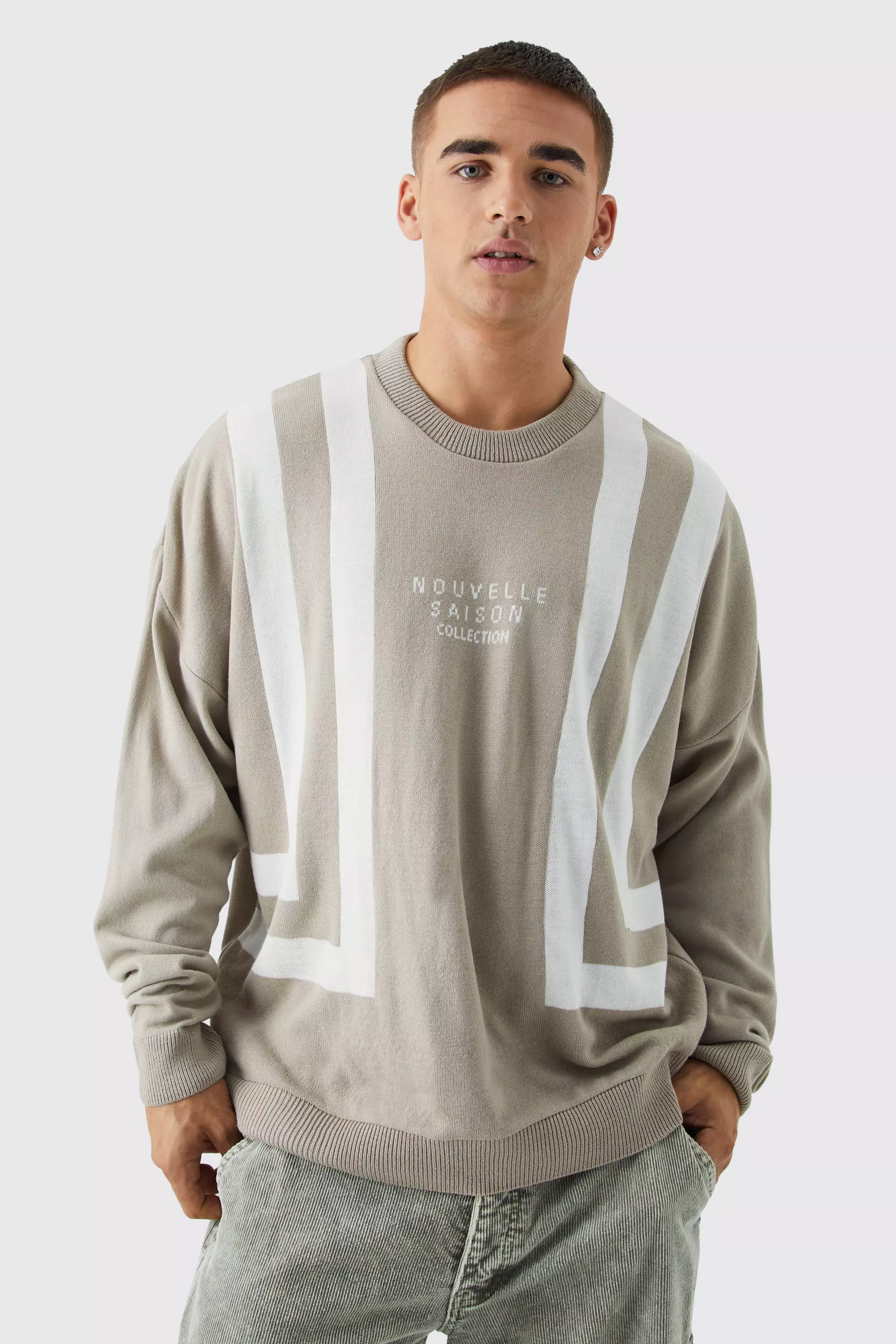 Taupe Beige Oversized Drop Shoulder Colour Block Sweater