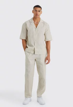 Short Sleeve Drop Revere Shirt Linen Look & Straight Trouser khaki