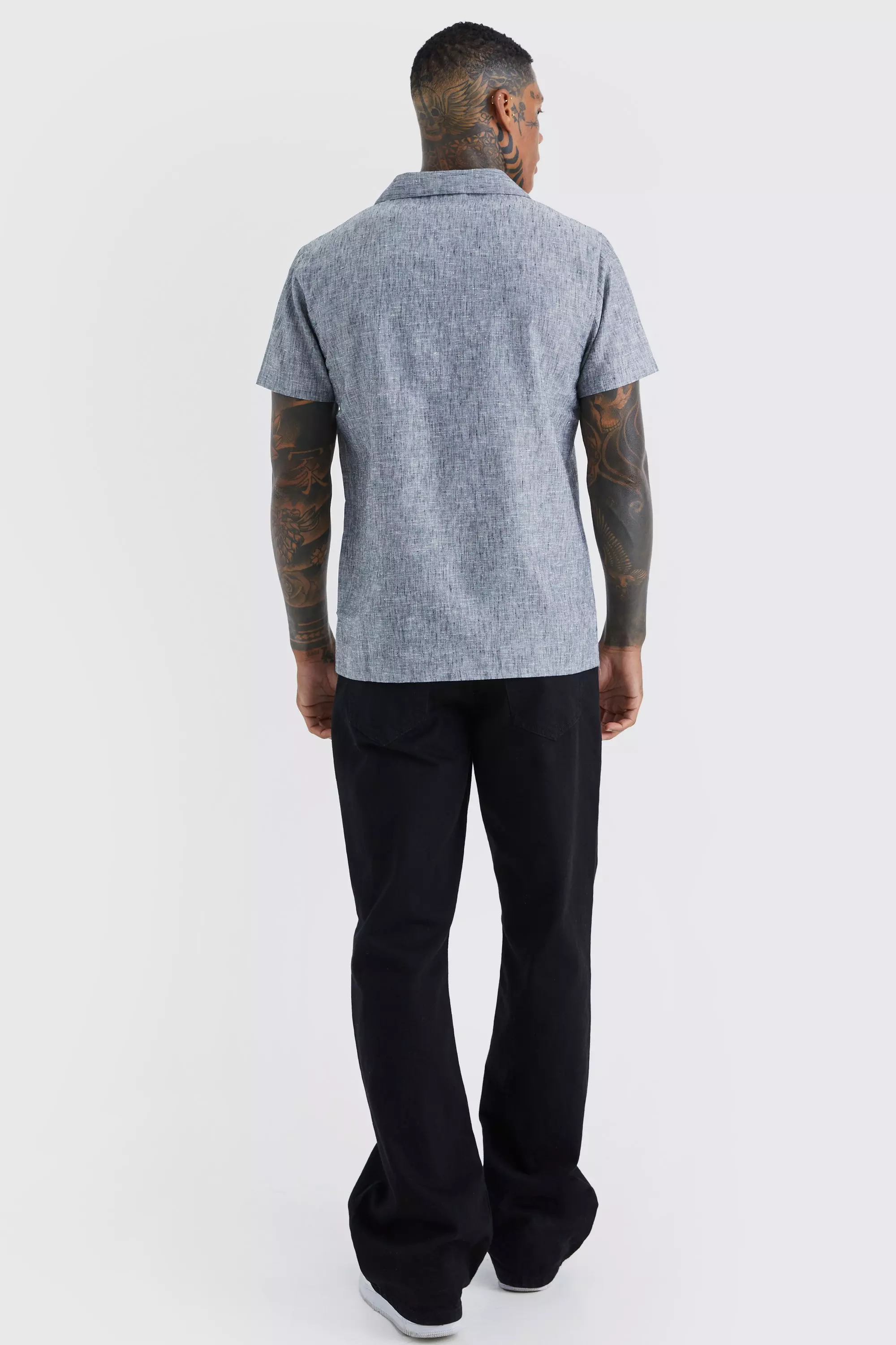 Black Short Sleeve Revere Linen Look Shirt alternative image