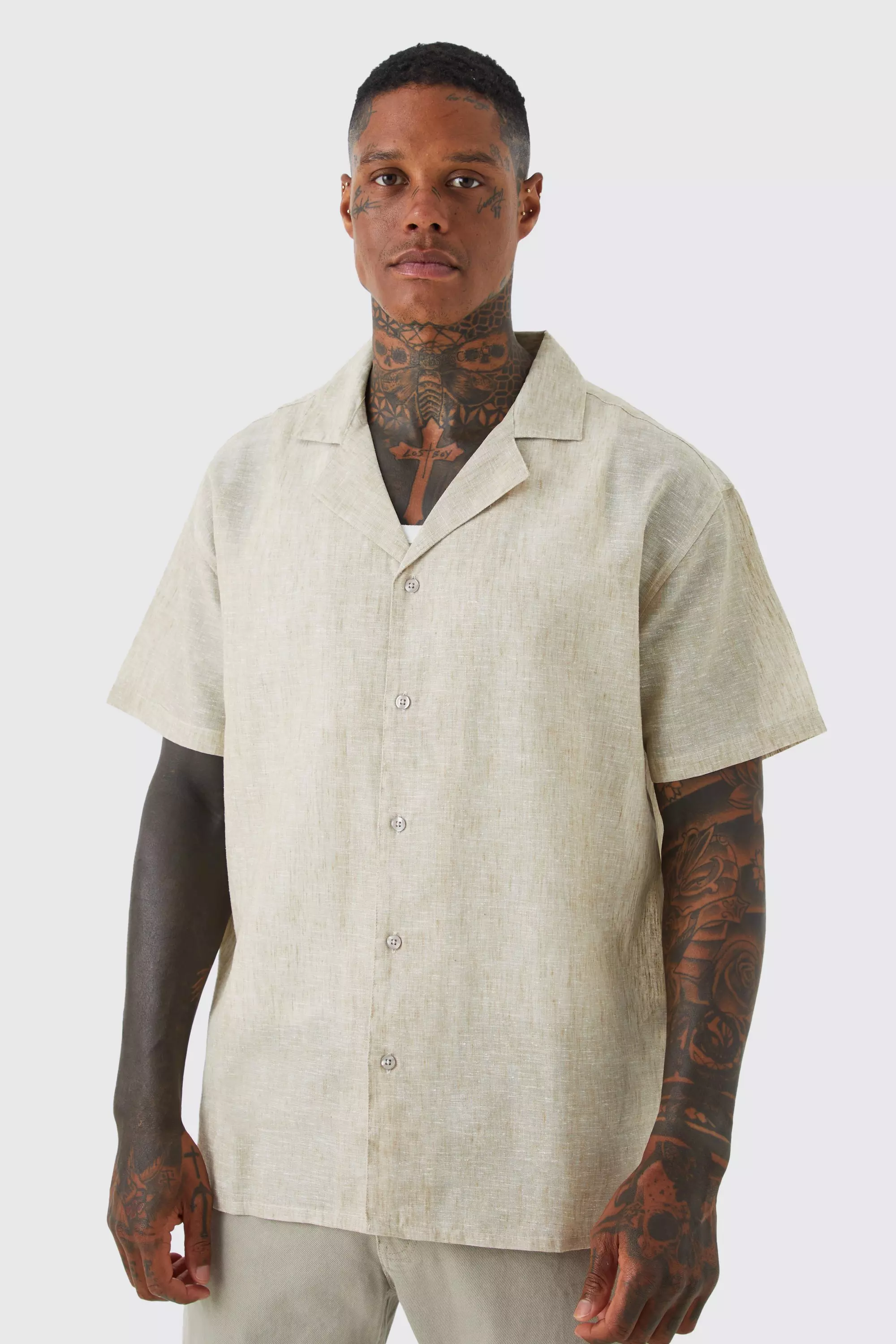 Short Sleeve Oversized Linen Look Revere Shirt Natural