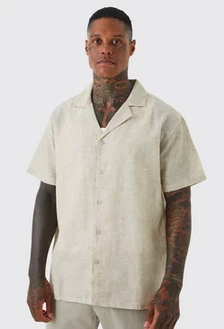 Short Sleeve Oversized Linen Look Revere Shirt Natural