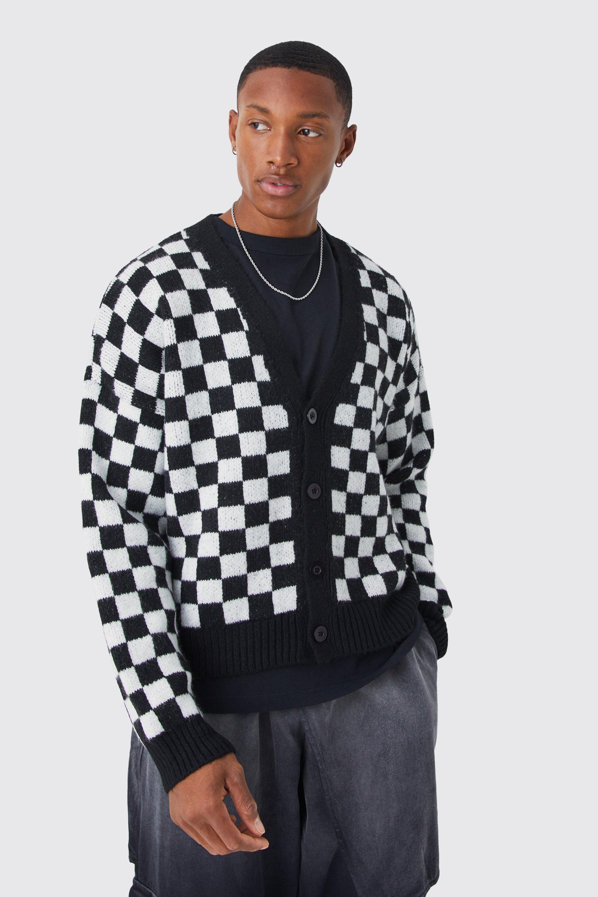 Boxy Oversized Checkerboard Cardigan boohooMAN UK