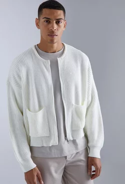 Ecru White Oversized Pleated Knitted Bomber