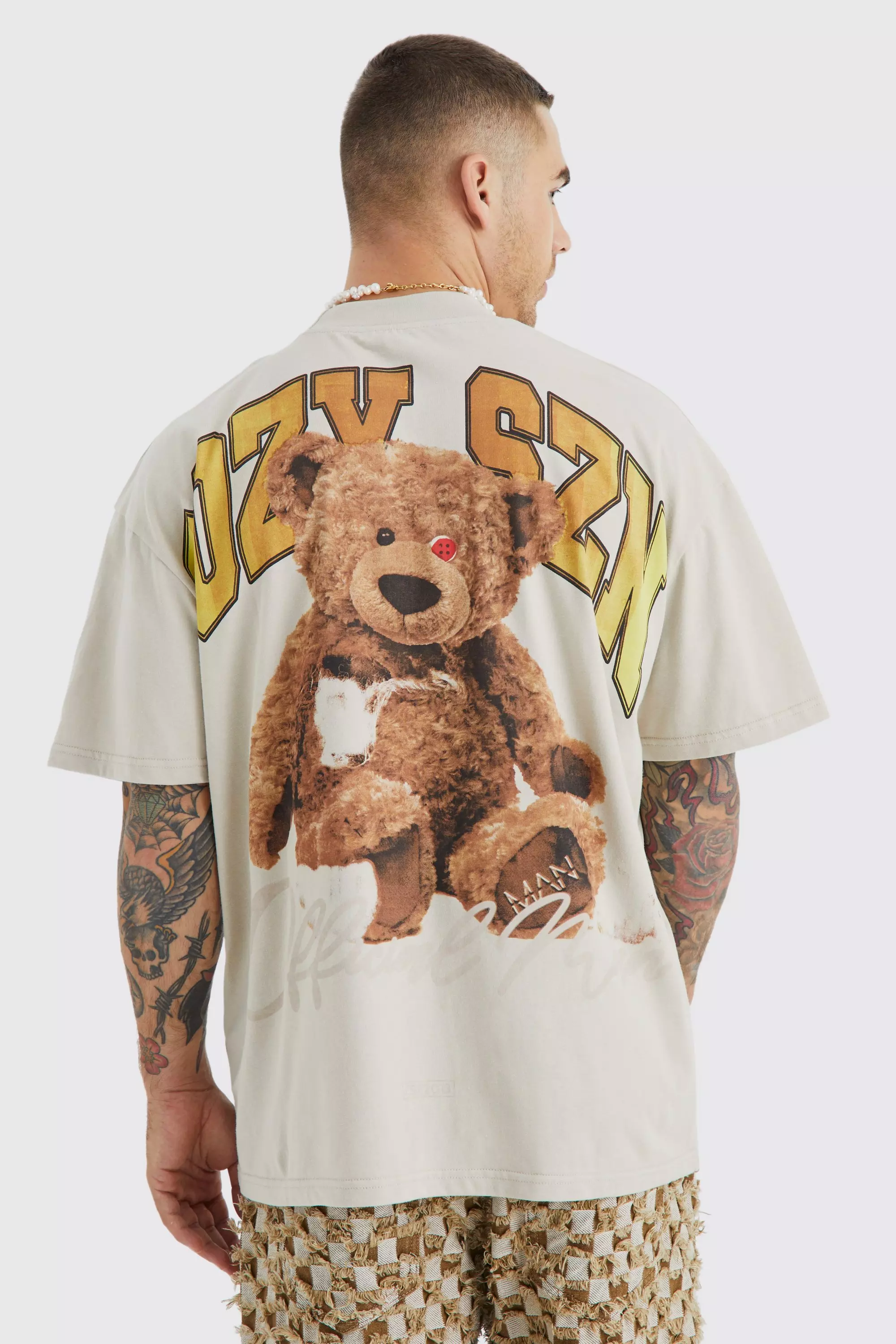 Oversized Heavyweight Extended Neck Bear T-shirt Beige