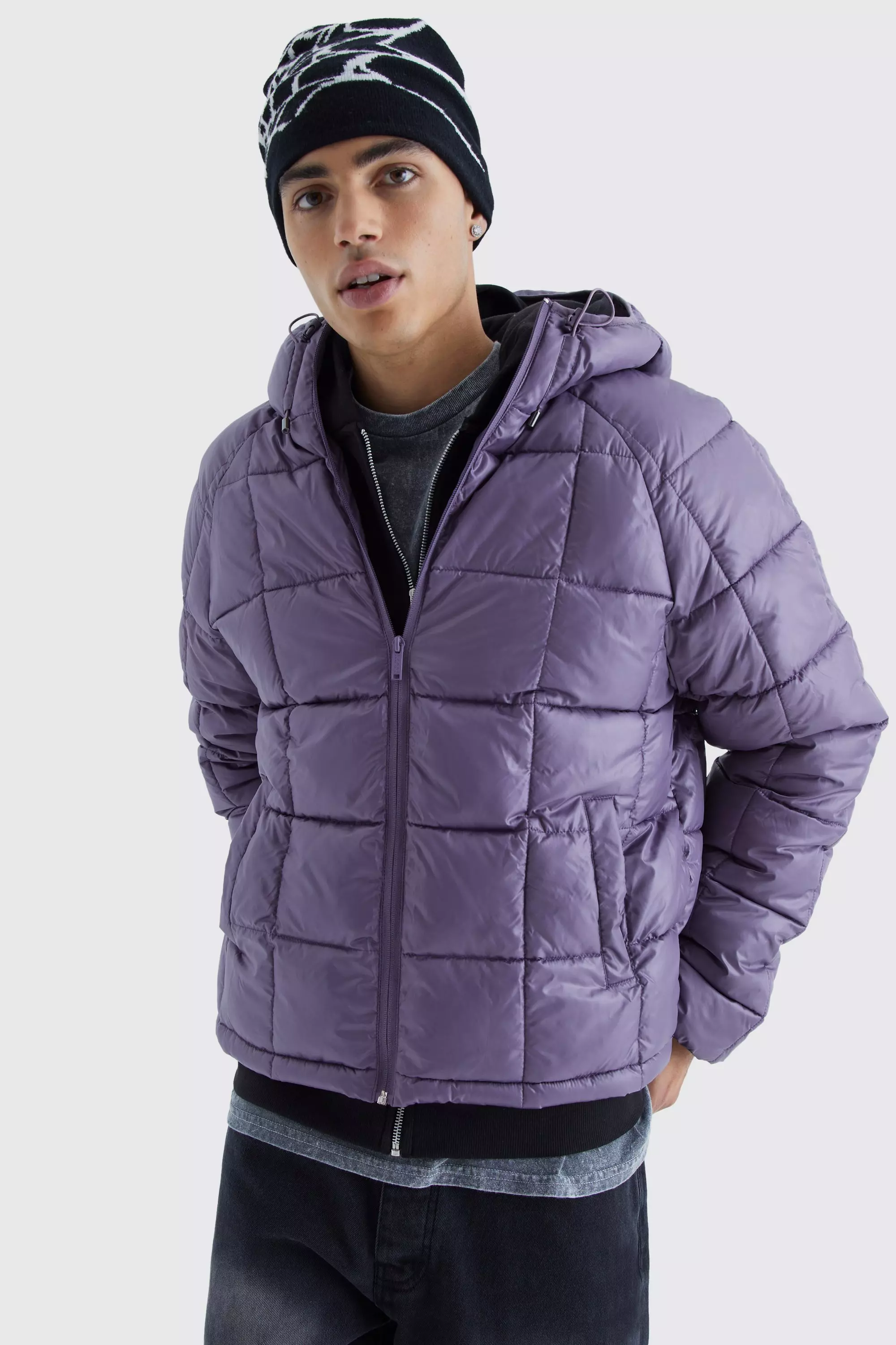 Boxy Square Quilted Puffer With Hood Mauve