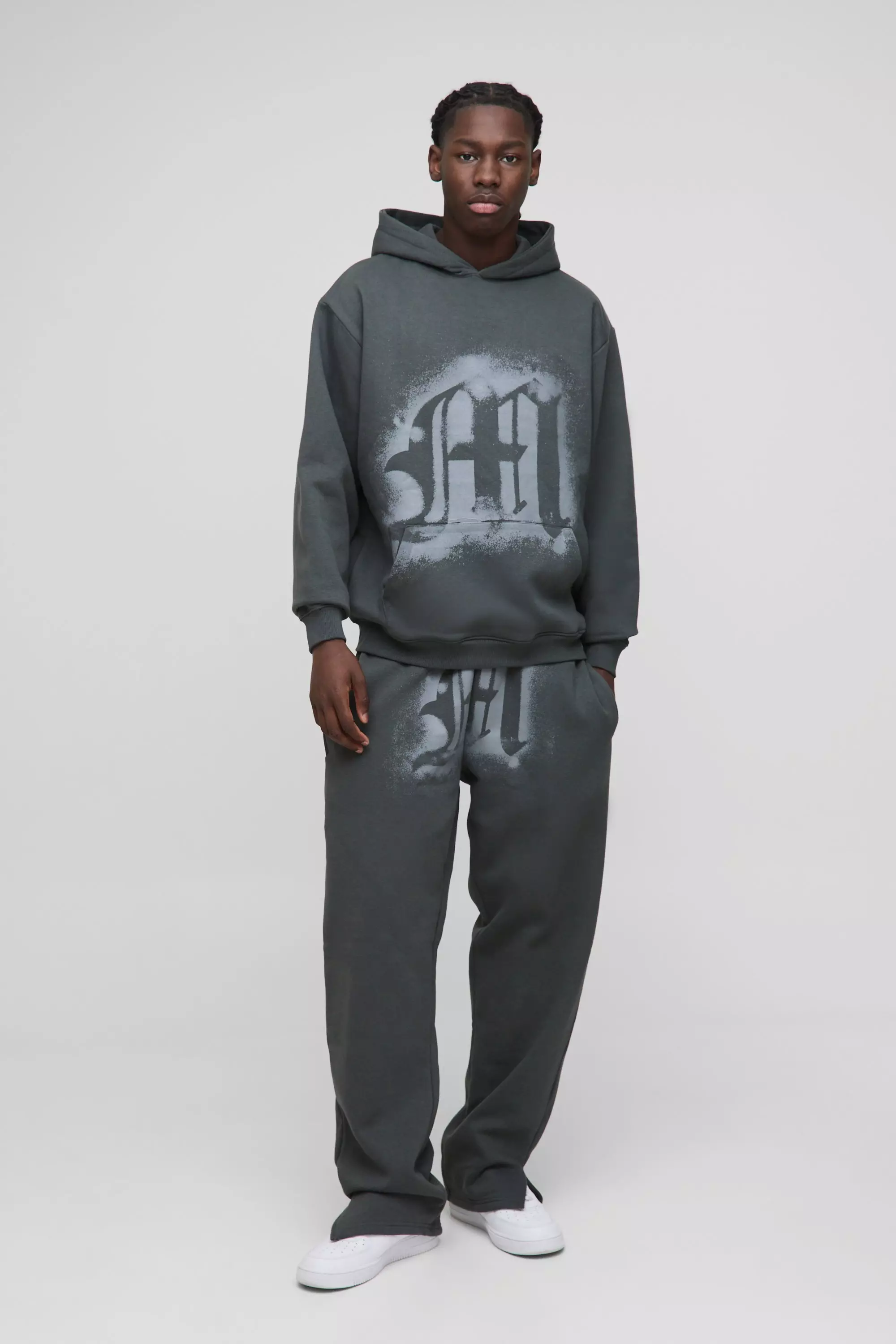 Oversized Graffiti Spray Graphic Tracksuit Charcoal