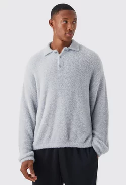Grey Boxy Fluffy Knitted Polo