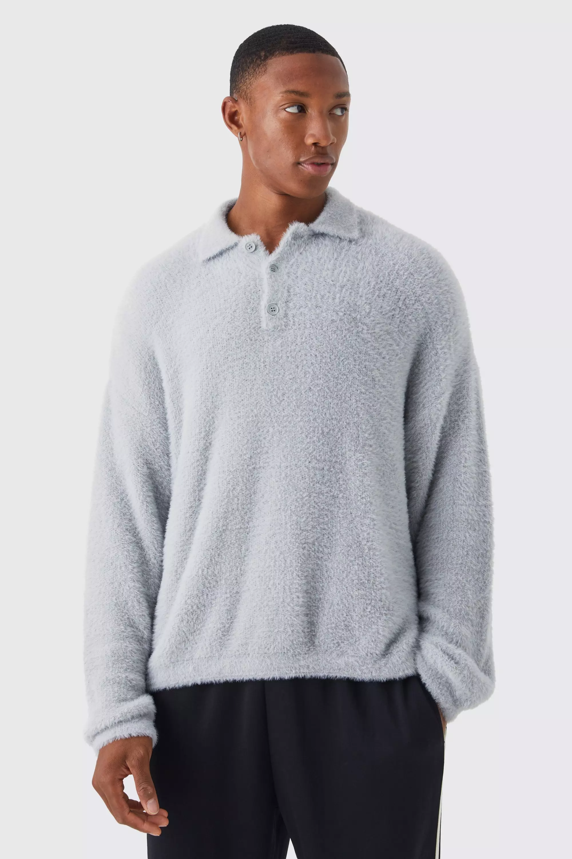 Boxy Fluffy Knitted Polo Light grey