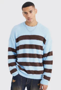 Blue Oversized Stripe Fluffy Sweater