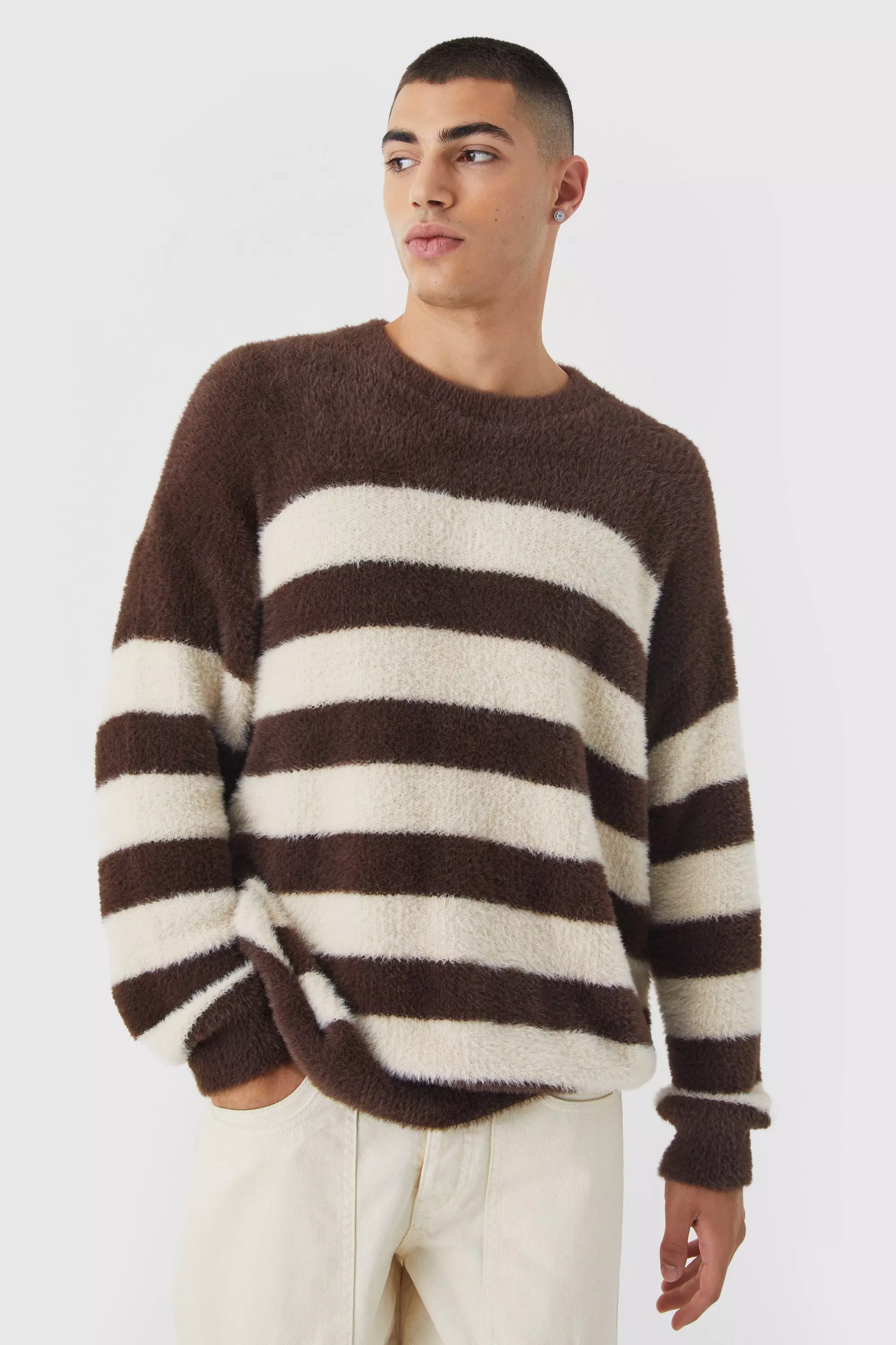 Chocolate Brown Oversized Stripe Fluffy Sweater