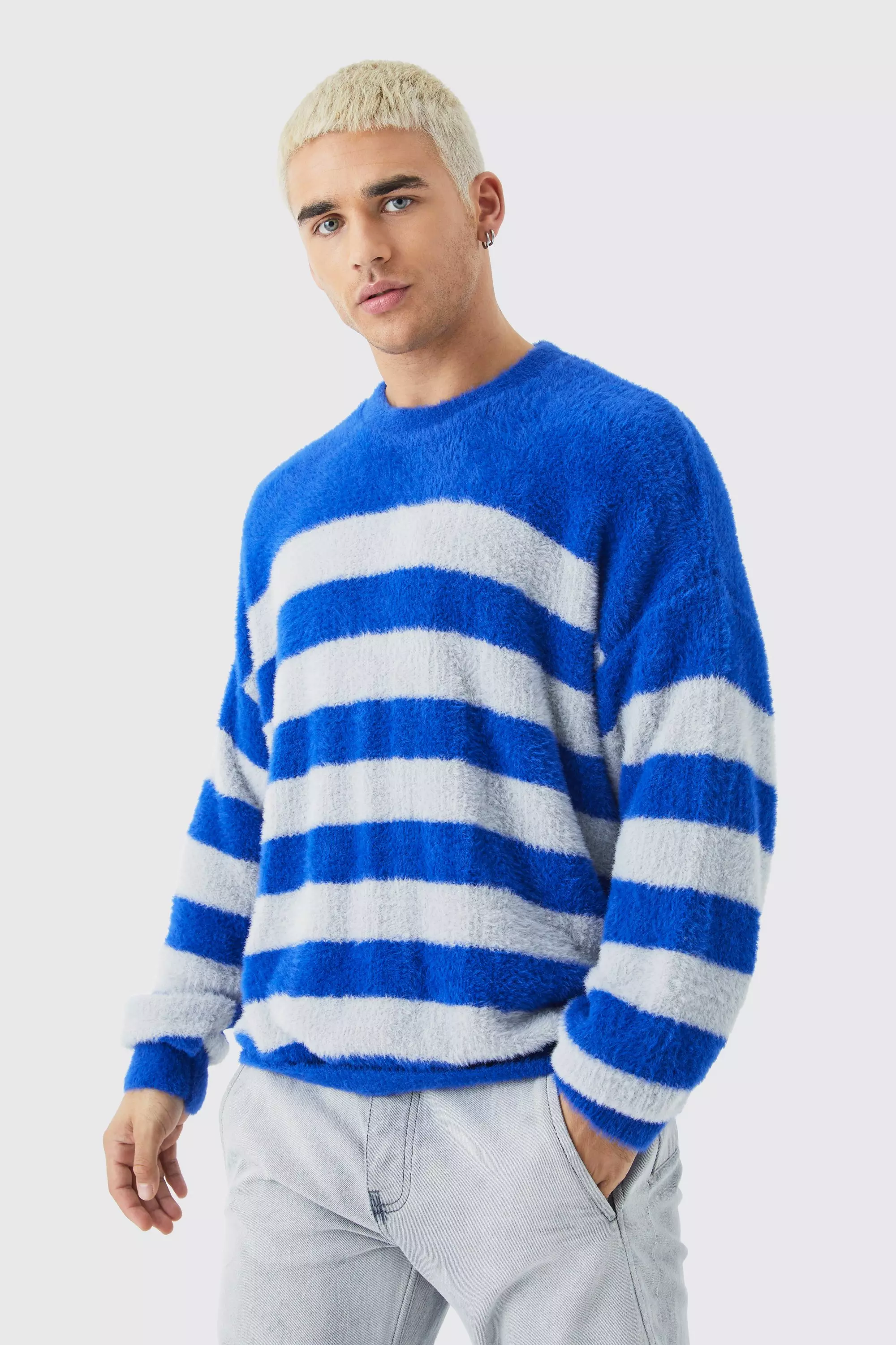 Oversized Stripe Fluffy Sweater Cobalt
