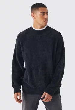 Oversized Fluffy Funnel Neck Sweater With Tipping Black