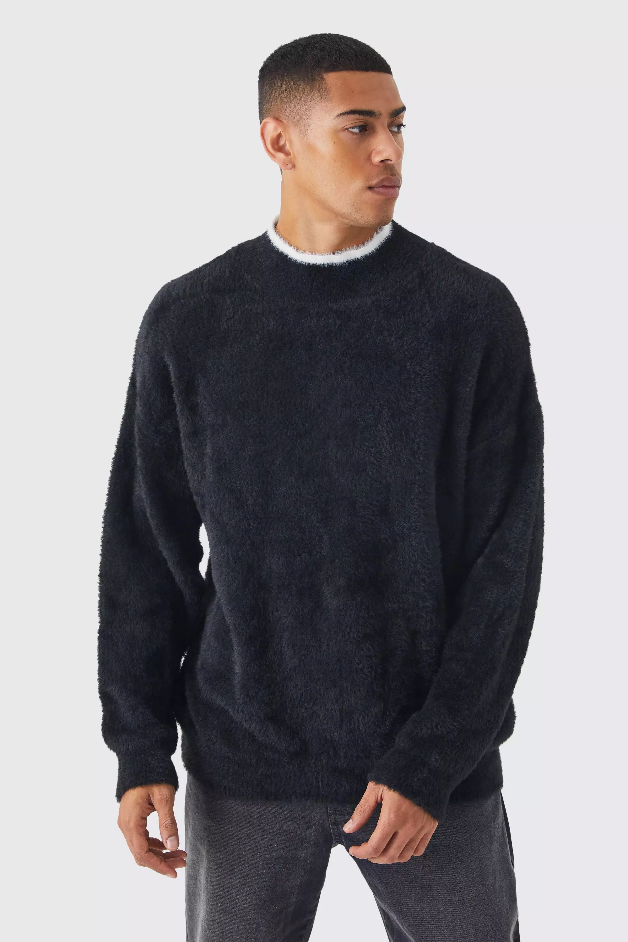 Black Oversized Fluffy Funnel Neck Sweater With Tipping