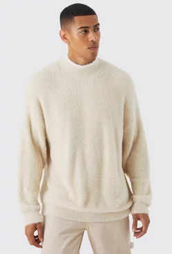 Oversized Fluffy Funnel Neck Sweater With Tipping Stone