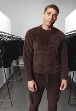 Boxy Crew Neck Fluffy Knitted Sweater Chocolate