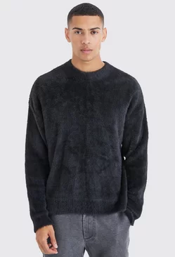 Black Boxy Crew Neck Fluffy Knitted Sweater