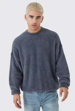 Oversized Crew Neck Fluffy Knitted Sweater Charcoal