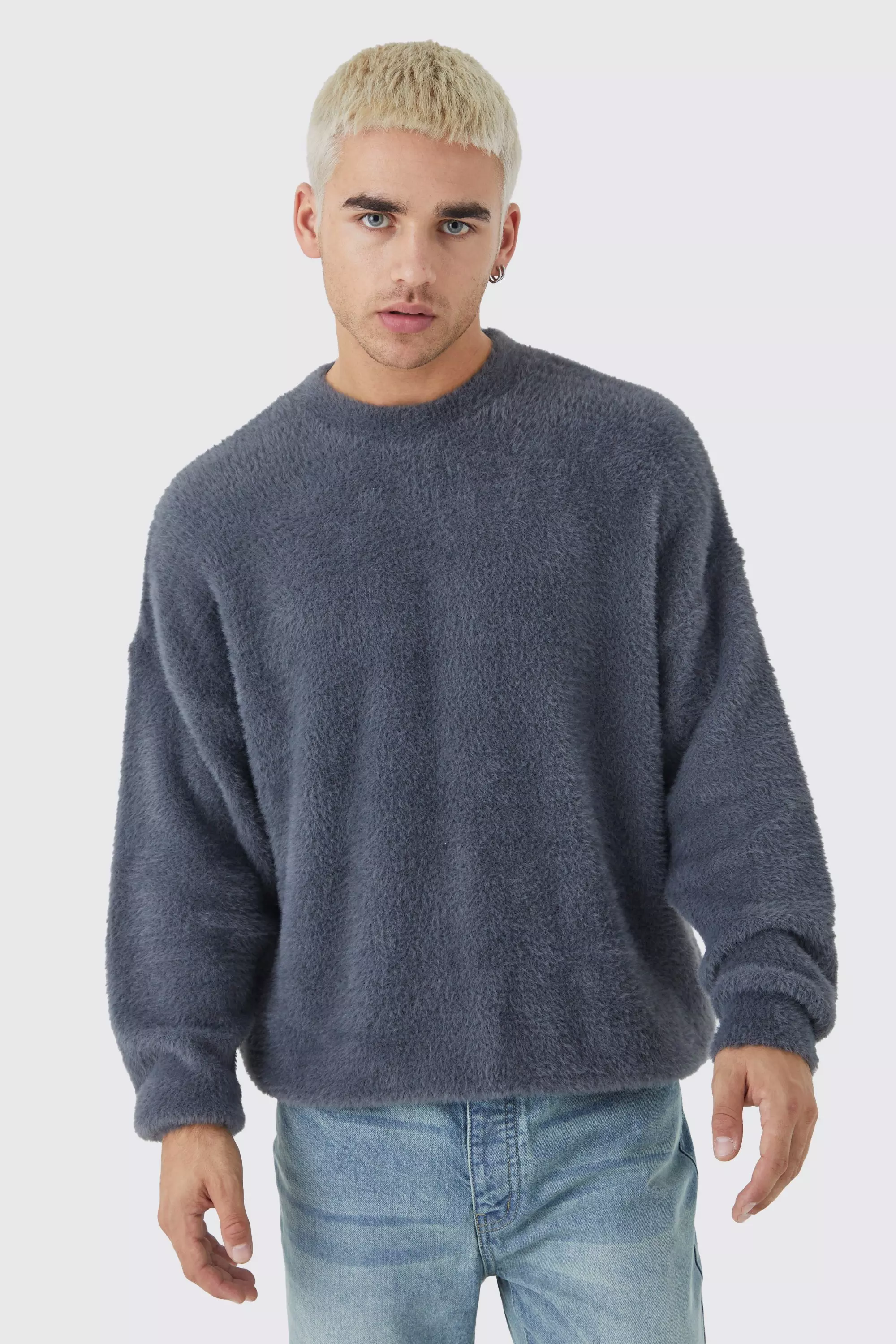 Charcoal Grey Oversized Crew Neck Fluffy Knitted Sweater