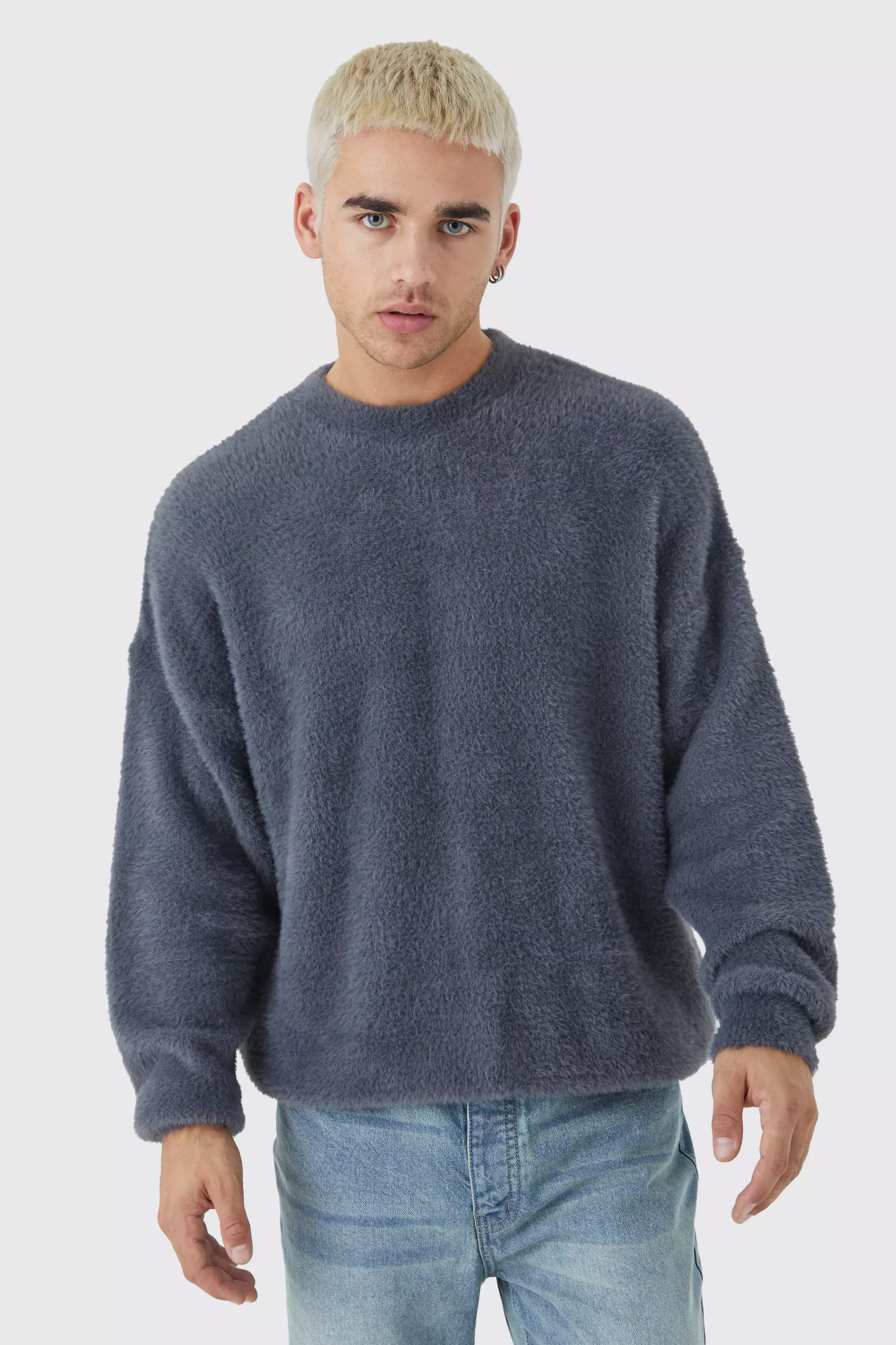 Oversized Crew Neck Fluffy Knitted Jumper boohooMAN