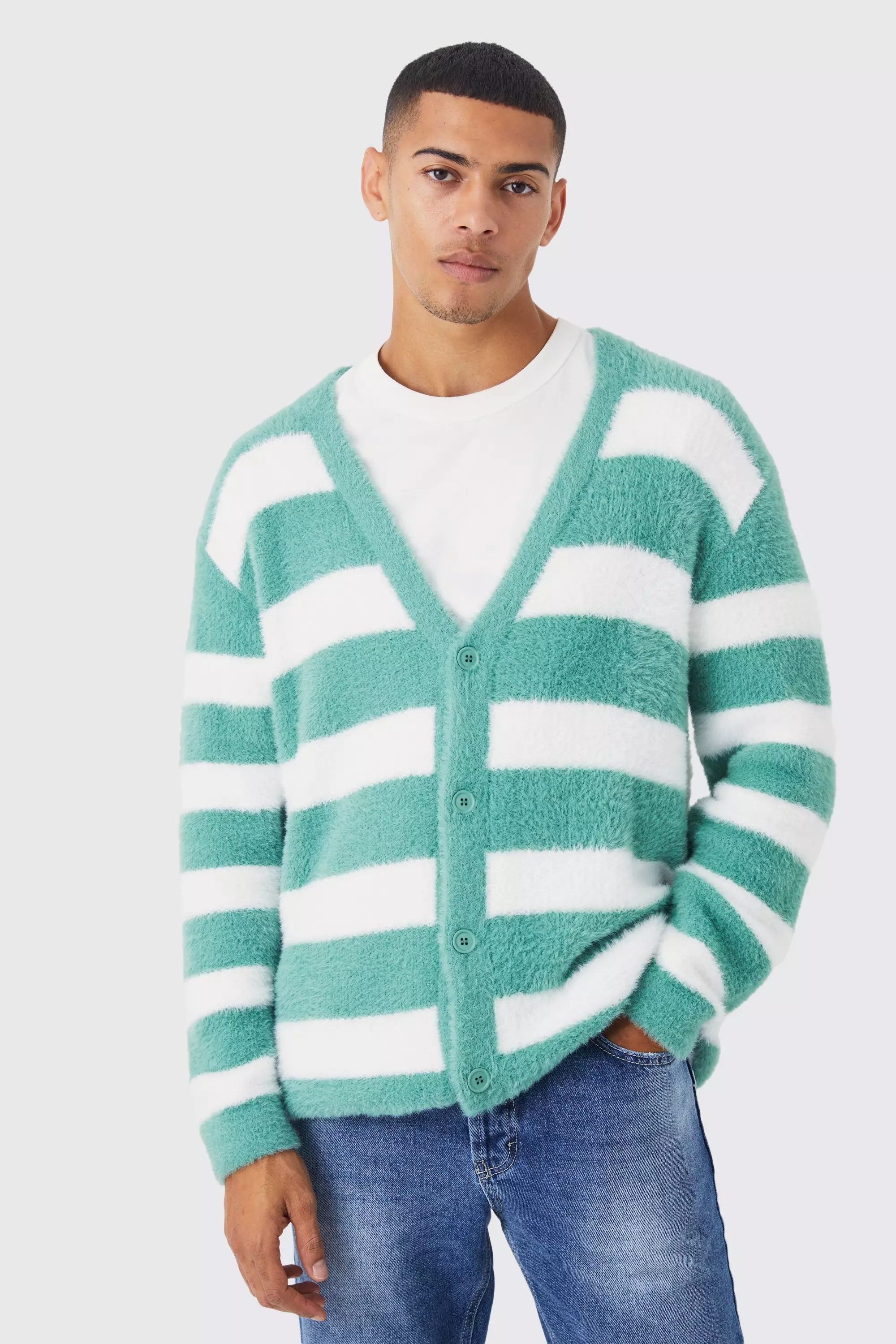 Oversized Stripe Fluffy Cardigan Sage